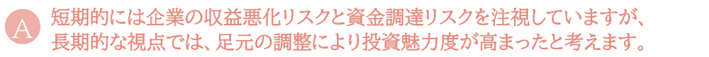 短期的には企業の収益悪化リスクと資金調達リスクを注視していますが、長期的な視点では、足元の調整により投資魅力度が高まったと考えます。